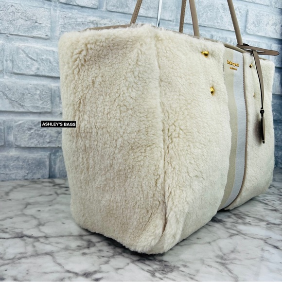 Kate Spade Everything Racing Stripe Faux Shearling Large Tote In Cream Multi - Picture 4 of 16